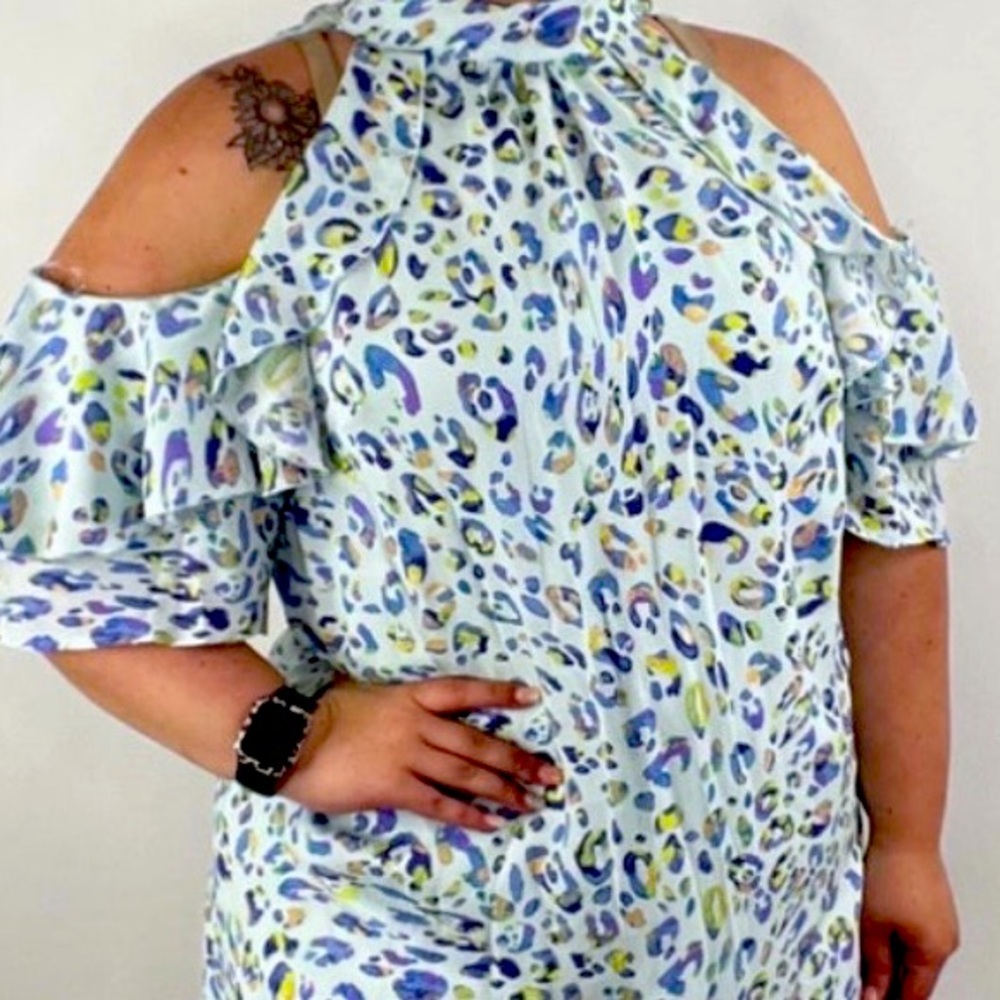 Blue and lime Leo cold shoulder dress with ruffle sleeves
